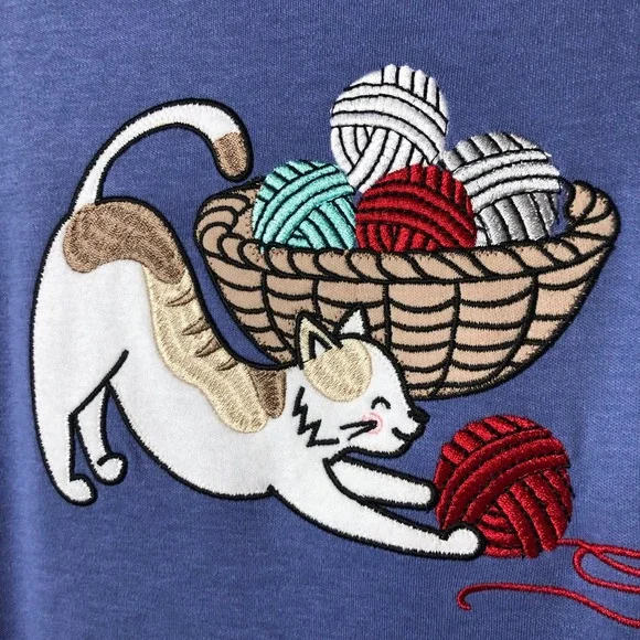 Blair Womens Cat and Yarn Embroidered Shirt Dress Size M Blue Grandmacore Whimsy - Picture 3 of 11